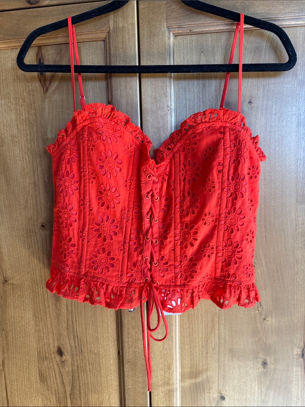 Astr Red-Orange Eyelet Lace-Up Bustier Camisole